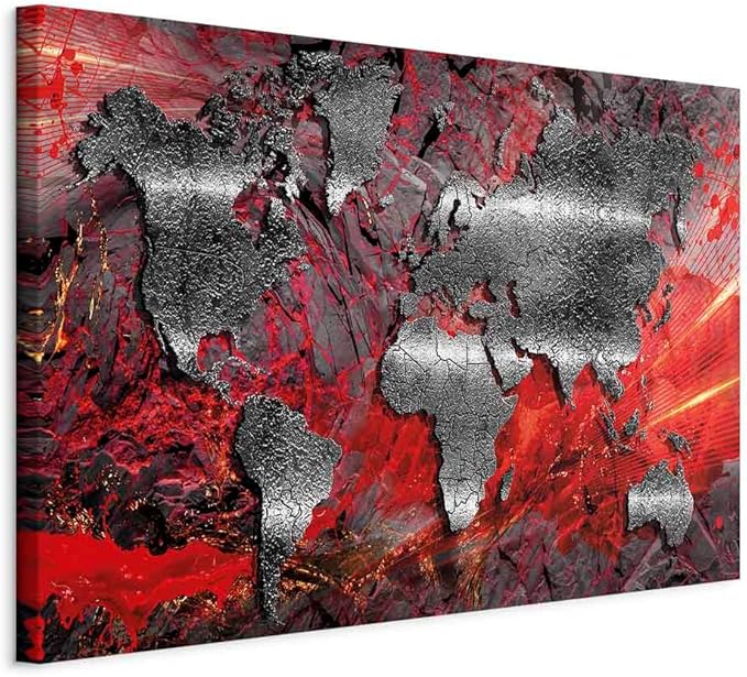 artgeist Canvas Wall Art World Map 35x24 in - 1pcs Home Decor Framed Stretched Picture Photo Painting Artwork Image - Abstract Continents Map World Map Red Silver k-A-0505-b-c