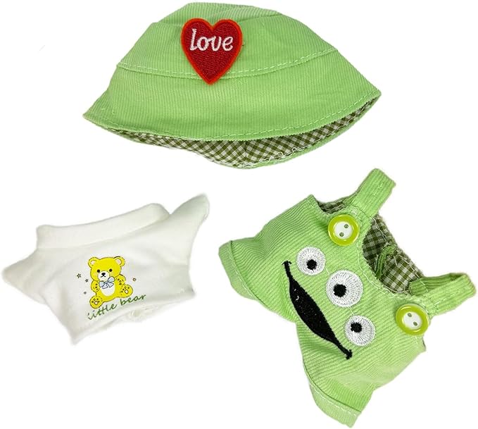 17cm Doll Clothes | Fashion Kawaii Chic Style Set for Dolls | 3-Piece Outfit with White Bear T-Shirt, Green Romper & Green Heart Hat (NO Doll)