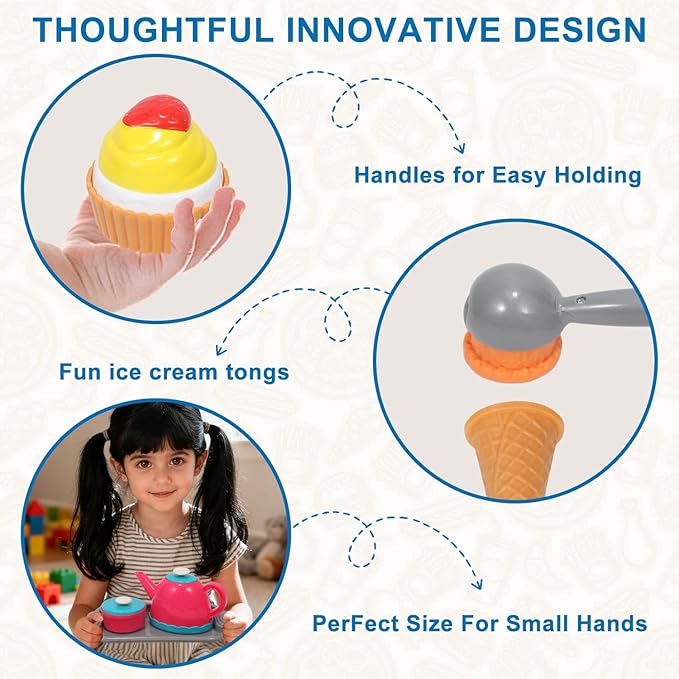 Picnic Basket Toys Play Tea Sets with Teapot Tea Cup Dessert Food,Ice Cream Playset, Pretend Play Kitchen Accessories Tea Party Set for Toddlers Kids Little Girl Boy Age 3-7 Years Old
