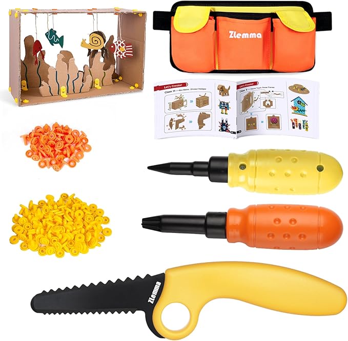 Cardboard Construction Tools Kit 124-Pieces with Waist Bag, Safety Ring Saw, Screwdriver, Waist Bag and Gift Box – Safe DIY Construction Kit for Children’s Creative Building & Crafting
