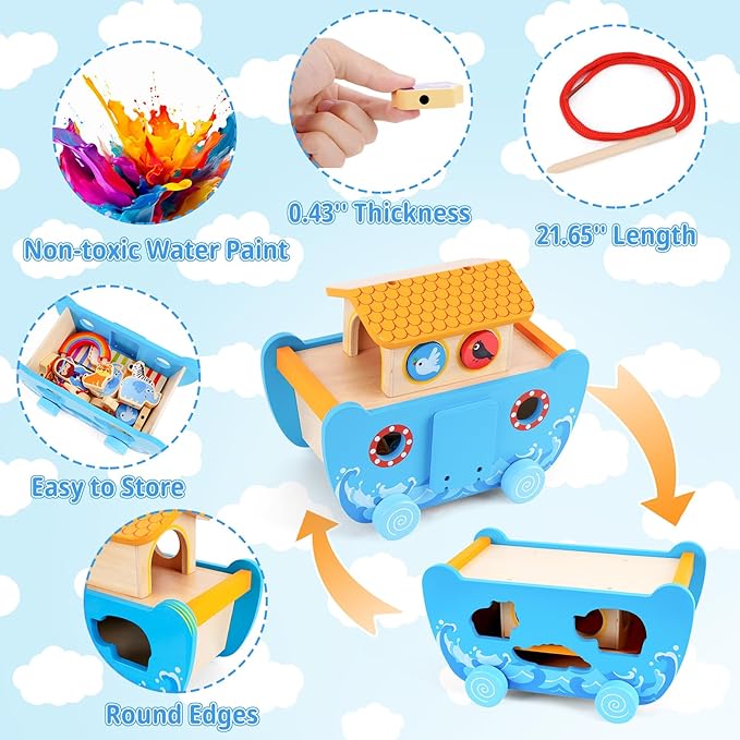 Toddlers Noah's Ark Toys with Wooden Animal Shape Sorters, Baptism Gifts for Girls Boys 2 3 4 Years Old, Montessori Educational Toys for Toddlers, Bible Story Book for Kids Ages 2-4