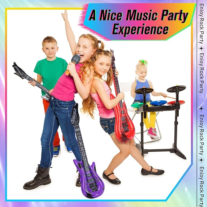 36 Pcs Colorful Inflatable Instruments Rock Star Toy Set Including 12 Pcs Plastic Microphones, 24 Inflatable Guitars and 2 Inflator for Musical Concert Themed Party Decoration