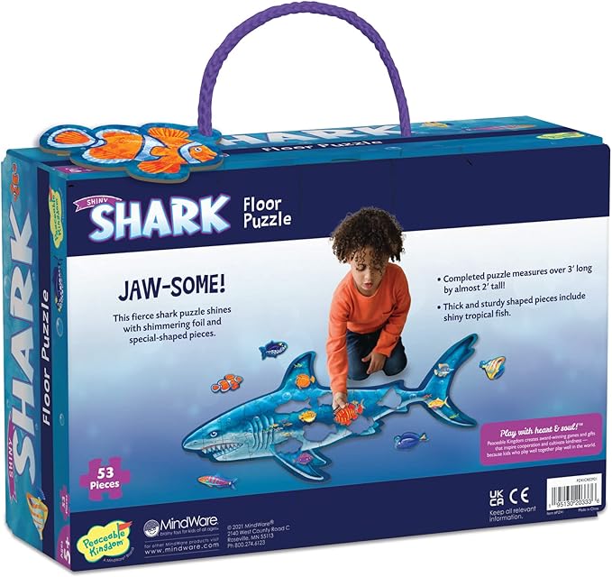Peaceable Kingdom Shiny Shark Floor Puzzle – 53-Piece Giant Floor Puzzle for Kids Ages 5 & up – Fun-Shaped Puzzle Pieces – Great for Classrooms