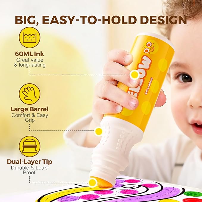 Jar Melo Washable Dot Markers for Toddlers 1-3, 12 Colors Dot Paints with 108 PDF & 20 Physical Activity Papers, Non-Toxic Bingo Daubers for Toddlers 2-4, Kids Arts and Crafts Supplies