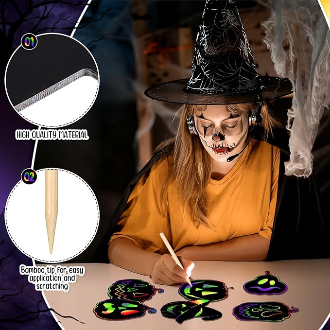 Qilery 120 Pcs Fall Halloween Scratch Paper Off Cards Magic Pumpkins Scratch Off Paper Craft Art Activities Rainbow Black Fun for Thanksgiving Party Ornaments DIY Education Game(Pumpkins)