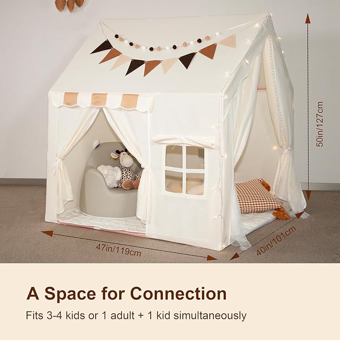 Play Tent for Kids with Star Lights, Flags, Pompoms & Gift Box, 2-in-1 Tent for Toddler with Metal Frame, Kids Indoor Playhouse, 40"x47"x50", Toy Gift for Boys & Girls