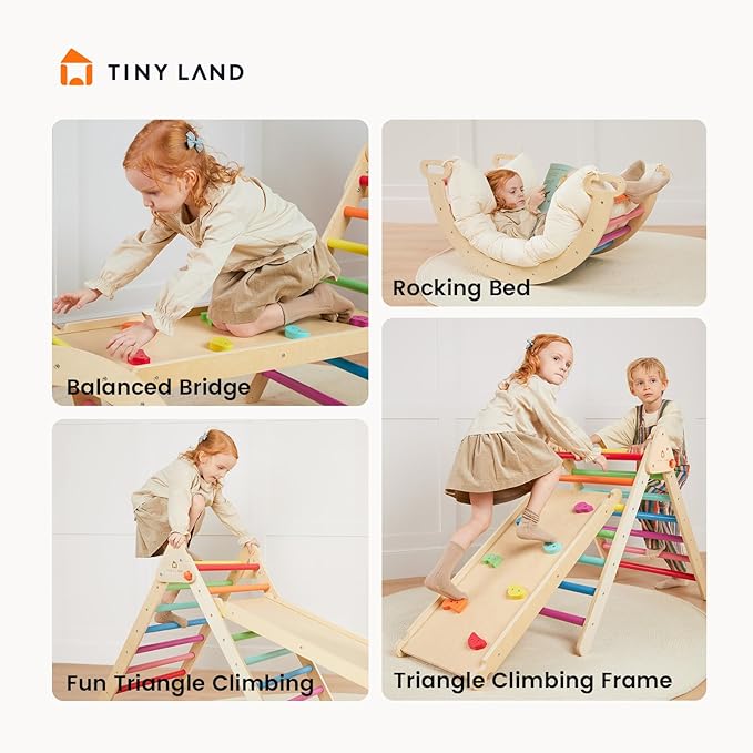 Tiny Land Pikler Triangle Set, 7-in-1 Foldable Pikler Triangle Climbing Toys Set for Kids,Baby Indoor Playground Jungle Gym, Wooden Montessori Climbing Set for Toddler (Rainbow,Large)