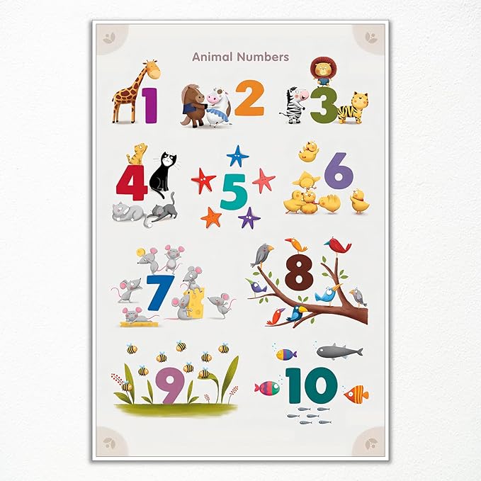 xbsifyiooa Number 1-10 Poster for Toddlers, Learning & Educational Numbers Posters for Toddlers 1-3, Kids Learning Posters, Cute Animal Numbers Chart Preschool Wall Posters For Kids 16x24in Unframed