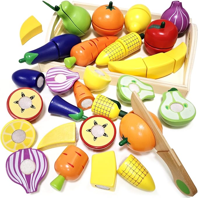 Wooden Play Food for Toddlers, Velcro Fruit and Veggies Cutting Set for Kids, Montessori Learning Toys Food, Pretend Food Play Kitchen Accessories for 3 4 5 6 Years Old Boys & Girls Gift