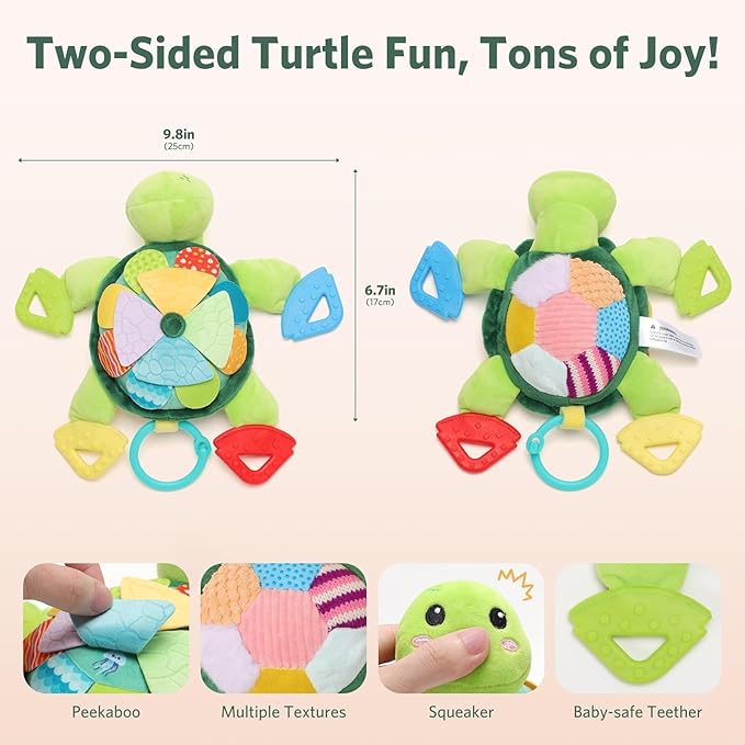 Turtle Baby Sensory Toy, Flip Scales & Multi-Textured Belly Montessori Activity Toy with Rattle Squeaker Teethers, Tummy Time/Crib/Stroller Toy,Educational Toy for 0-3 Years Newborn to Toddler