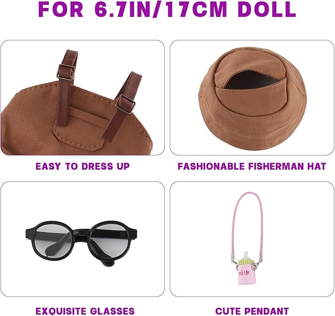 17cm Doll Clothes Set 4-Piece Outfits for Doll Brown Fashion Clothing for Plush Dolls Accessories with Glasses and Bucket Hat