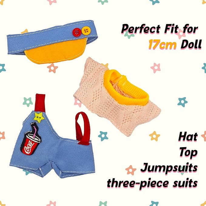 Clothes for 17cm Doll, 3 PCS Cute Blue Hat & Jumpsuit Set, Dress up Outfit Exquisite Accessories for Dolls