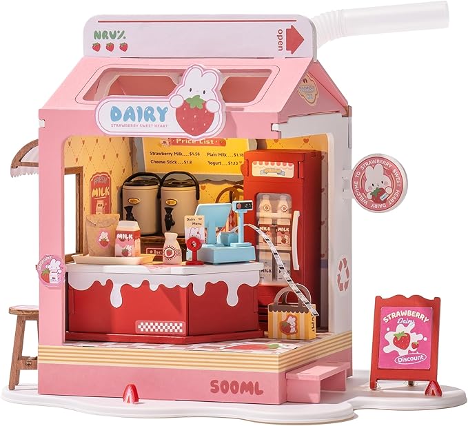 DIY Mini House Building Miniature Kit Milkbox, Miniature Lifestyle Bookshelf Decoration, Cute Craft Kits for Women or Girls 14+, Kawaii Gifts Hobbies for Crafters (Strawberry Milkbox)