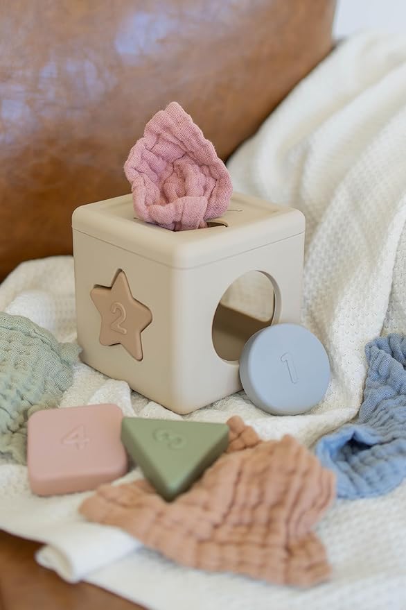 Silicone Shape Sorter & Tissue Box Toy with Organic Muslin Cotton Cloths - Baby Toys for Development - Montessori Learning Toys for 1 Year Old-Educational Non-Toxic Toy