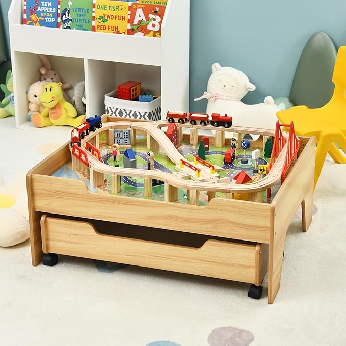 GLACER 100 Pieces Train Table, Wooden Activity Table with Storage Drawer, Tracks, Vehicles, Buildings, Wheels, Multipurpose Painted Train Table Set for Toddlers 3-5+, Gift for Boys Girls