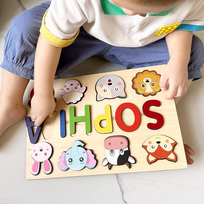 Name Puzzle for Kids Personalized, 1st Birthday Girl and Boy,Custom Baby Easter Gifts with Engraved Text on Back, Montessori Learning Toys for Boy & Girl (Blue Gradient)