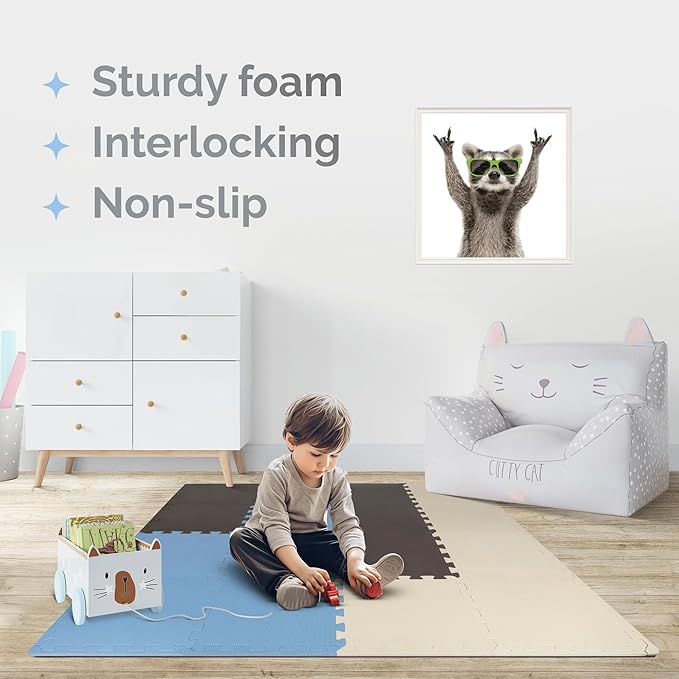 TOYVELT Foam Puzzle Floor Mat for Kids 12x12-32 Tiles Interlocking Play Mat with Colors - Educational Large Puzzle Foam Floor Tiles for Crawling, Non-Toxic - Blue-Brown-Beige