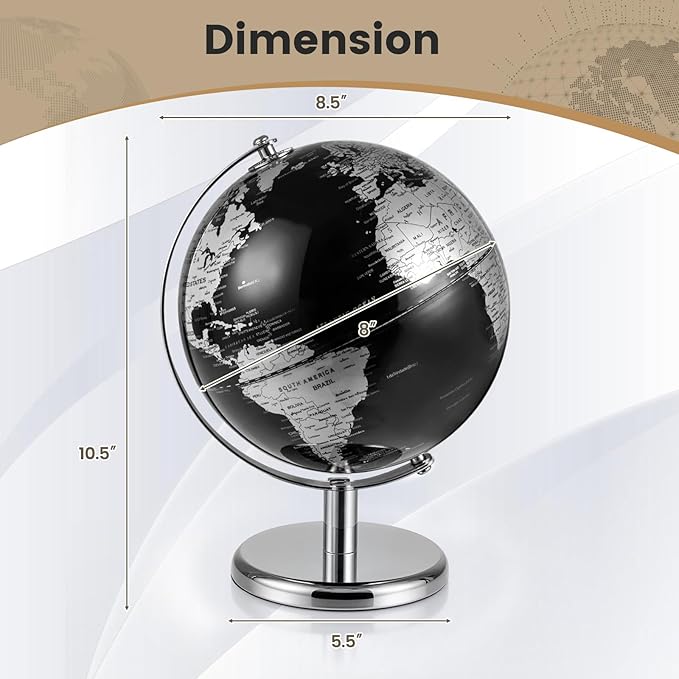Goplus 8-Inch Metallic Black World Globe, Rotating Earth Globe w/Metal Stand, Educational Learning Teaching Gift, Modern Desktop Decoration for Home, Office (Black + Silver)