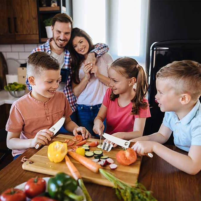 Kids Knife Set for Real Cooking with Educational Ring, Rounded Tip, Fingers Guard, 4 Pieces Kids Kitchen Knife Kit for Children and Teaching Food Prep and Kitchen Safety