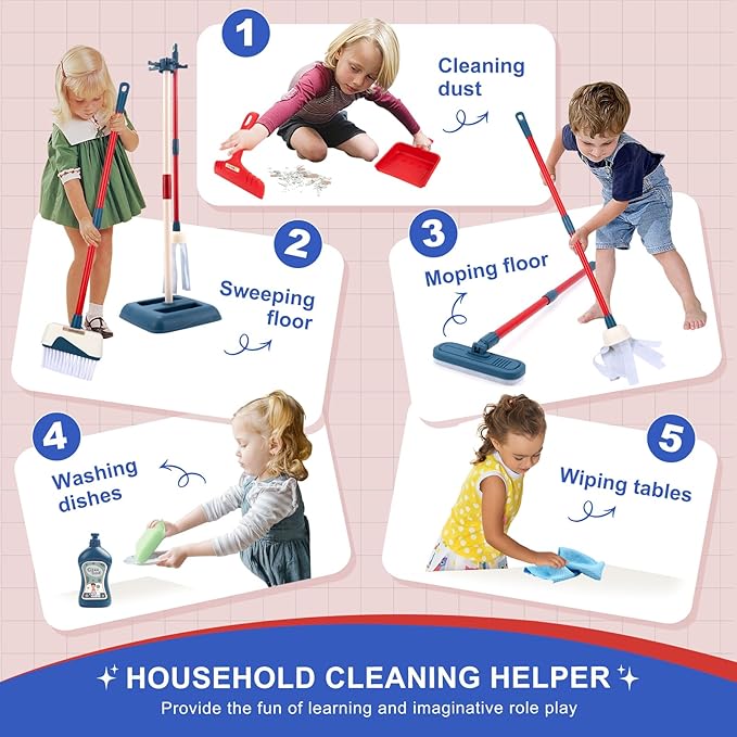 Jenilily Toddler Toys Cleaning Set, Kids Cleaning Toy Stand Set, Pretend Play Home Cleaning Tools Toys Playset，Broom, Dustpan, Mop, Duster