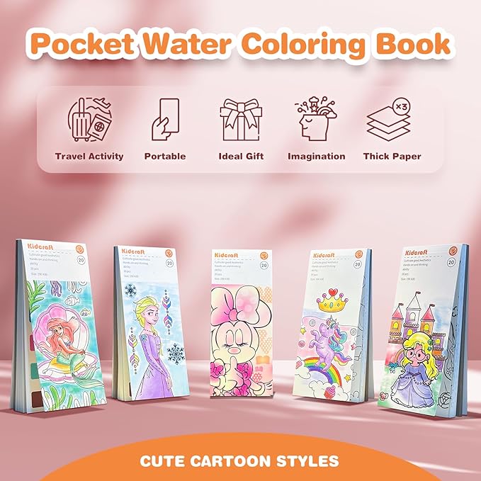 Paint with Water Coloring Books for Kids - 5 Pack, Pocket Mess Free Watercolor Painting Kit, Water Color Paint Set Arts and Crafts Gift for Girls Ages 4 5 6 7 8+, Travel Activity Toy