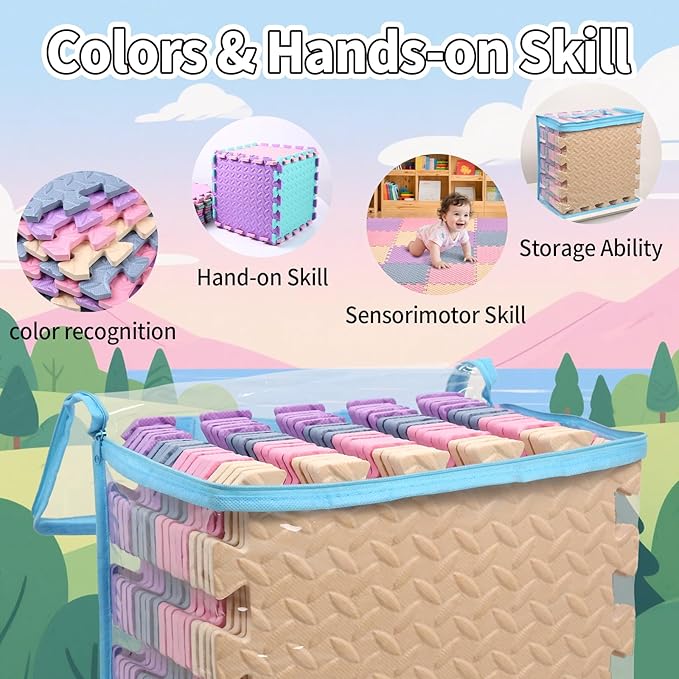 36 Tiles Foam Play Mat for Baby, 0.4 Inch Thick Foam Interlocking Floor Mats, Non-Toxic Baby Playmat, Solid Colored Puzzle Play Mat Kids Floor Mats for Toddler(Beige/Pink/Purple/Gray Blue)