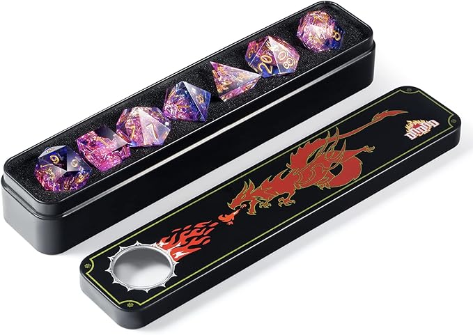 DND Dice Set, DNDND 7 PCS Sharp Edge Dice with Gorgeous Gife Case for D&D Dungeons and Dragons (Tranlucent Pink Mixed Blue)