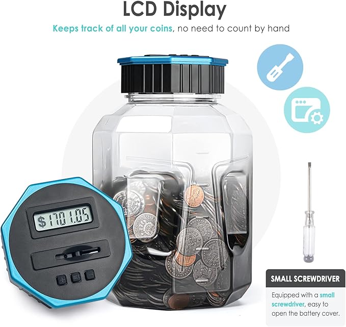 X-Large Piggy Bank for Adults Kids, Vcertcpl Digital Coin Counting Bank with LCD Counter, 2.4L Capacity, Great Coin Counter Bank Money Counting Jar with Total Amount Displayed (G Gray, X-Large)
