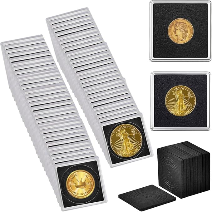 Coin Capsule Coin Snap Holder 2 x 2 Inch Half Dollar Coin Holder, Coin Cases for Collectors Coin Sleeves Collectors for Coin Collection Supplies (Black Foam Gasket, 60)