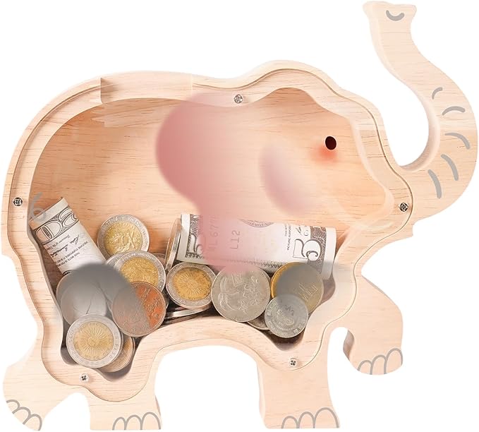 Wooden Elephant Piggy Banks for Kids, Adorable Elephant Piggy Bank with Acrylic Panels, Unbreakable Toddler Money Box for Girls Adults Boys, Cute Saving Coin Jar for Birthday Décor