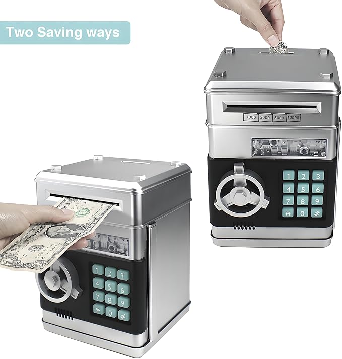 Piggy Bank Electronic Mini ATM for Kids Toy, Safe Money Saving Box Coin Banks Password Code Lock for 3-14 Years Old Kids, Boys Girls Ideal Gift (Silver)