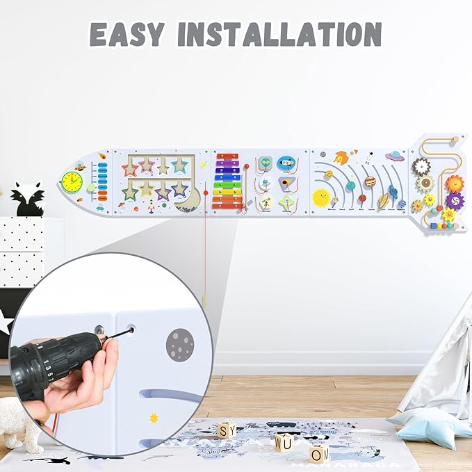 Rocket Activity Wall Busy Board Panels - Sensory Wall Panel for Kids, Montessori Toddler Wall Activity Board, Wall Toys for Toddlers 3, Activity Cube, Wood Activity Boards, White Grey