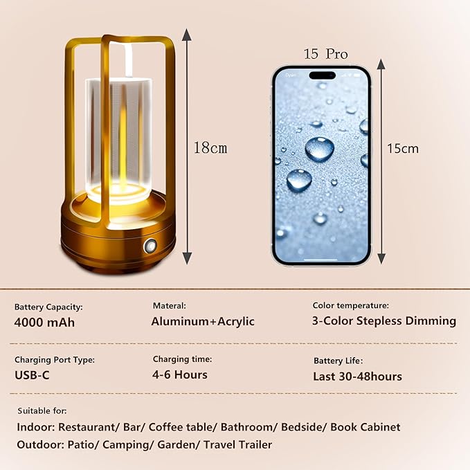 Outdoor Table Lamp, 4000mAh Rechargeable Battery Operated lamp, 3 Color Stepless Dimmable Cordless Table Lamp for Patio, Camping, Coffee Table, Crystal Lantern lamp for Indoor/Outdoor (Gold)