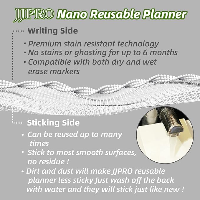 JJPRO Chore Chart Whiteboard Clings to All Smooth Surfaces.Non-Magnetic Dry Erase Chore Chart Sticks to Stainless Steel Fridge, Cabinet, Door and Glass