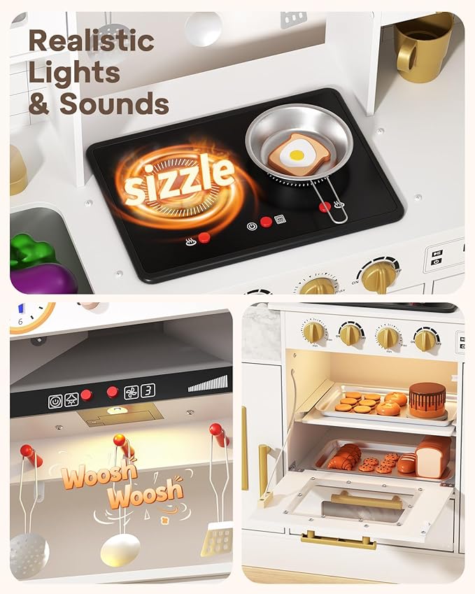 BIERUM Wooden Play Kitchen for Kids Ages 3-8 with Lights & Sounds, Pretend Play Kitchen Set with Stove, Ice Maker, Coffee Maker, Oven & Accessories, Toddler Kitchen Playset for Boys and Girls (White)