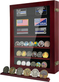 Military Challenge Coin Display Case 6 Rows Wooden Army Coin Holder with HD Tempered Glass Lockable Coin Wall Dsplay Box with Removable Shelves, Red