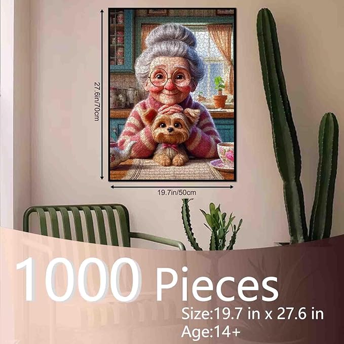 Sweet Grandma with Puppy Jigsaw Puzzles 1000 Pieces Afternoon Tea Time Art Jigsaw Puzzles for Challenging Family Games Cozy Kitchen DIY Handwork Puzzle for Home Wall Decor Gifts 20x27 Inches