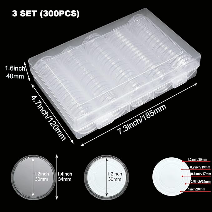 300 PCS Coin Capsules 30mm Plastic Coin Storage Box, Assorted Sizes Coin Collection Supplies Clear Coin Storage Case, Round Silver Dollar Coin Holders with Foam Protect Gasket (17/20/25/27/30mm)