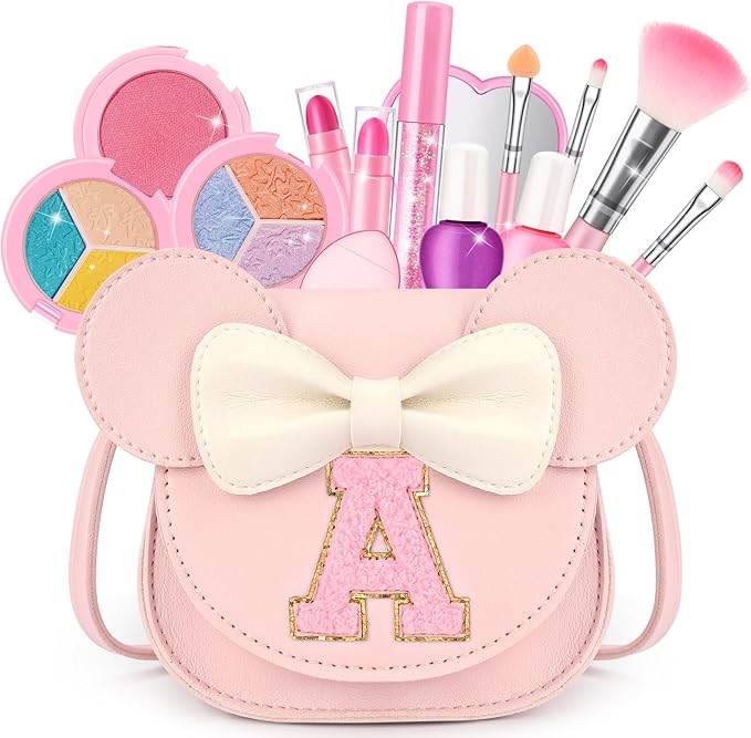 Kids Makeup Kit for Girls - 15 Pcs Real Washable Make Up Set - Non Toxic Toddlers Cosmetic with Letter Mouse Ear Purse - Dress up Birthday Gifts for 3 4 5 6 7 8 Years Old Girls - A