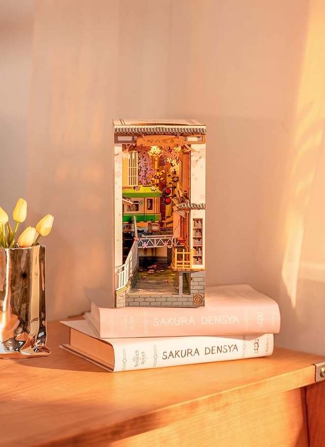 ROBOTIME DIY Book Nook Kit DIY Miniature Dollhouse Booknook Kit 3D Wooden Puzzle with LED Light,Decorative Bookend Bookshelf Insert Decor for Teens and Adults (Sakura Tram)