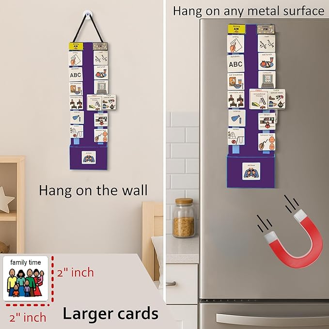 Two Strip Night & Day Daily Schedule Great Visual Behavioral Tool for Structure at Home, School & in The Community. (Purple Magnetic -2 Strips, 133 Icon Plastic Cards)