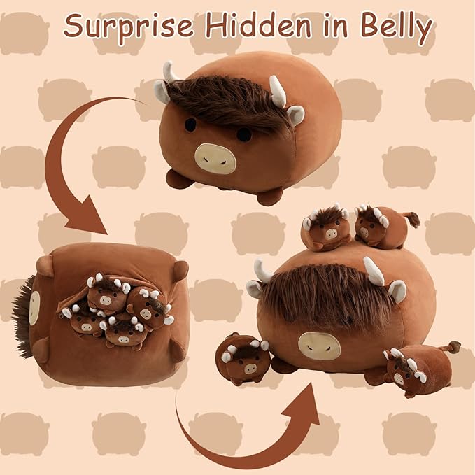 SQEQE Highland Cows Stuffed Animals 5 in 1, Cute Fluffy Cow Plush with 4 Babies in Tummy, Soft Highland Cattle Kid Bedtime for Christmas Valentine's Birthday Gifts, Plushies Decor for Boys Girls