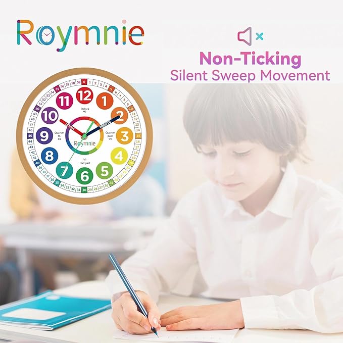 Wall Clock for Kids Learning to Tell Time Analog Non Ticking Battery Operated Kids Small Teaching Clock Silent Colorful Teaching Time Clock for Kids Room Classroom School（8 Inch）