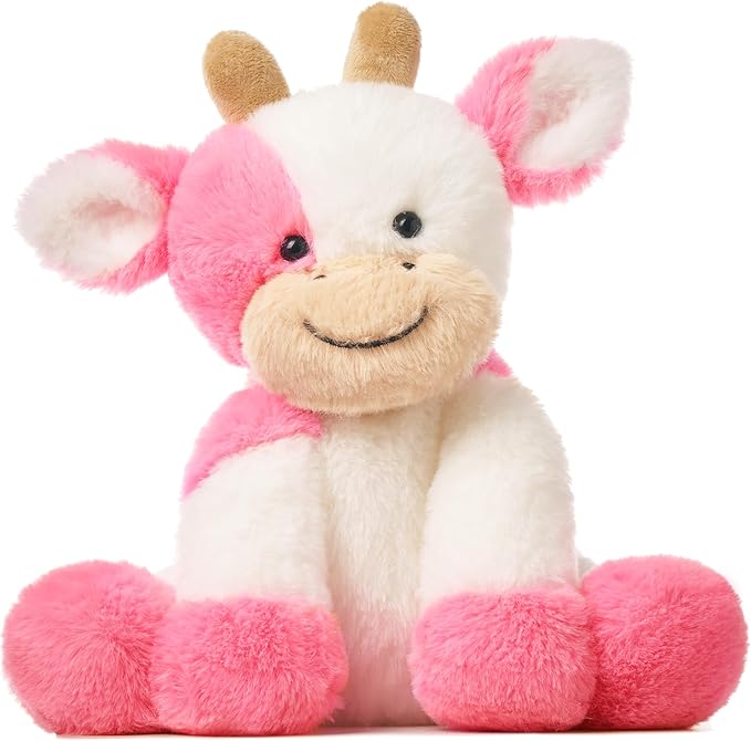 Hopearl Adorable Plush Cow Toy Floppy Dairy Cattle Soft Stuffed Animal Cute Birthday Gifts for Boys Girls Kids Toddlers, Strawberry Pink, 9''