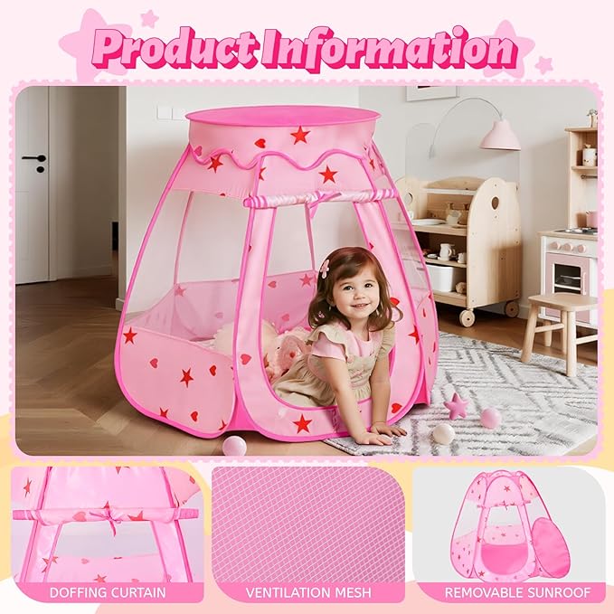 Pop Up Princess Tent with Star Light：Toy for Girl Birthday Gifts, Portable Ball Pit with Outdoor Carry Bag, Collapsible Kids Play Tent for Toddler Indoor Activity Playhouse, NO Balls(Pink)