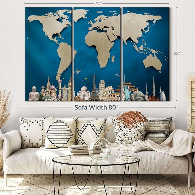 ElephantStock Ocean Blue World Map Multi Piece Canvas - 3 Panel Wall Decor - Map of the World Art - Canvas for the Office and Home - 74" X 48"