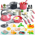 Bruvoalon 67Pcs Kids Play Kitchen Toys Set, Toddlers Pretend Cooking Playset Acccessories with Pots Pans, Utensils Cookware, Foods, Canned Veges, Learning Gift for Kids Girls Boys (Red)