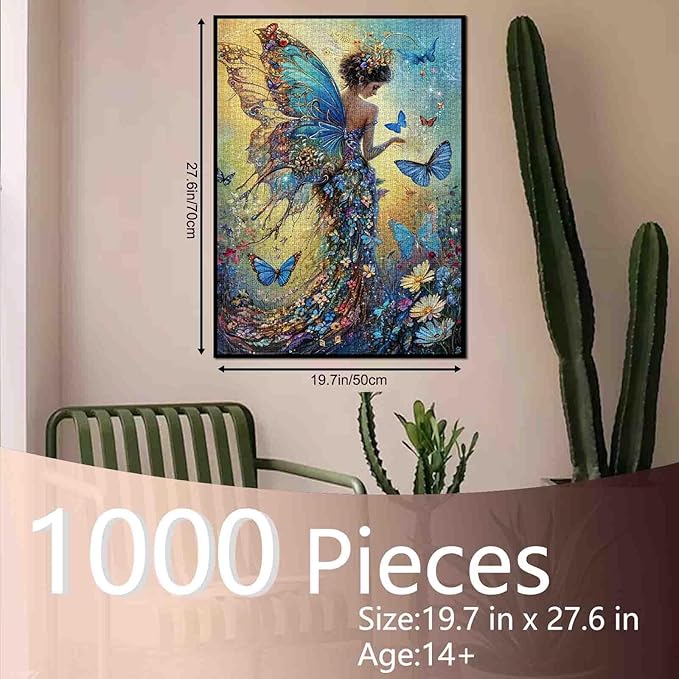 Tucocoo Beautiful Pixie Fairy Jigsaw Puzzles for Adults 1000 Pieces, Blue Butterfly Elf Art Jigsaw Puzzle 20 x 27 Inch Colorful DIY Puzzles for Home Decoration, Family Puzzle Perfect for Game Nights