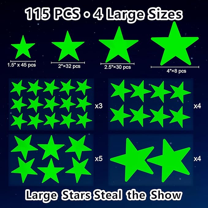 AOWDIAO Glow in The Dark Large Star Stickers – 115 Pcs (4 Sizes, 1.5‑4 in) – Luminous Ceiling & Wall Decals for Kids’ Bedroom, Nursery, Party Decor