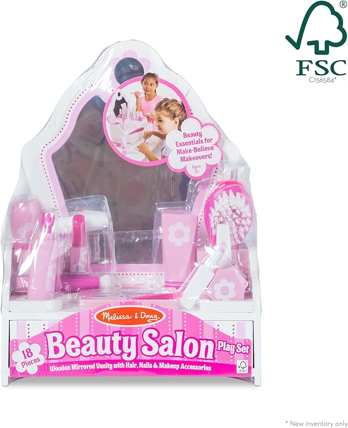 Melissa & Doug Wooden Beauty Salon Play Set, 18-Piece Vanity with Pretend Play Toys, Makeup, Mirror, Accessories & More, Preschool Toys for Girls & Boys Ages 3+ - FSC Certified